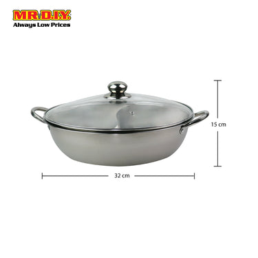 (MR.DIY) Premium Stainless-Steel Steamboat Pot with Glass Lid (32cm)
