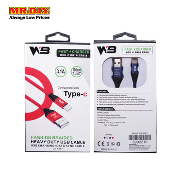 WB Fashion Braided Heavy Duty Type-C USB 3.1A Fast Charge Data Cable LS-K367 (1m)
