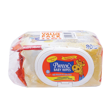 PUREEN Extra Moist Baby Wipes Fragrance Free with Clip Cover (2pcs x 80's)