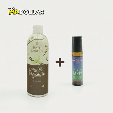[BUNDLE] BATH GARDEN Bath Gel Body Wash (300ml) Toasted Vanilla + Happy Essential Oil Perfume Roll On 10ml